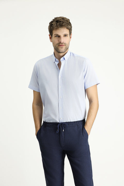 Light Blue Short Sleeve Regular Fit Striped Cotton Easy-Iron Shirt