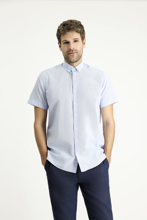 Light Blue Short Sleeve Regular Fit Striped Cotton Easy-Iron Shirt