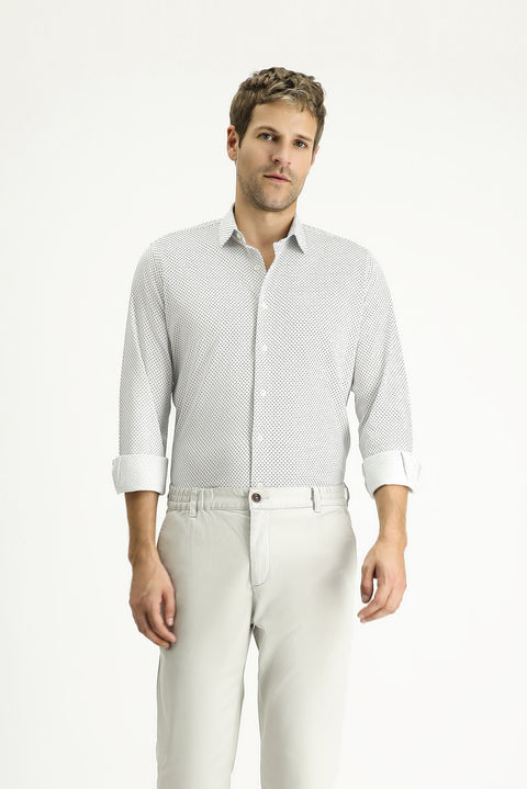 Beyaz Uzun Kol Slim Fit Dar Kesim Baskılı Pamuk Gömlek