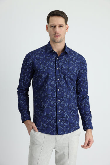 Koyu Lacivert Uzun Kol Slim Fit Dar Kesim Baskılı Pamuk Gömlek