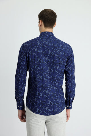 Koyu Lacivert Uzun Kol Slim Fit Dar Kesim Baskılı Pamuk Gömlek