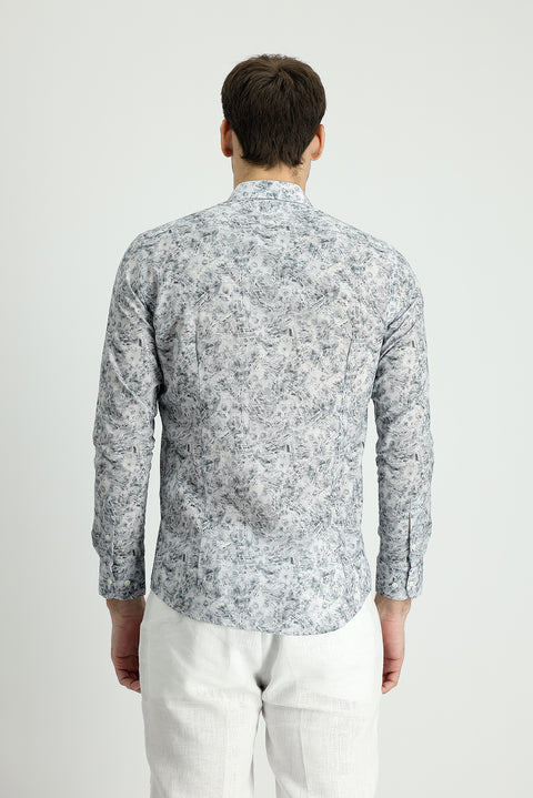 Medium Grey Long Sleeve Slim Fit Printed Cotton Shirt
