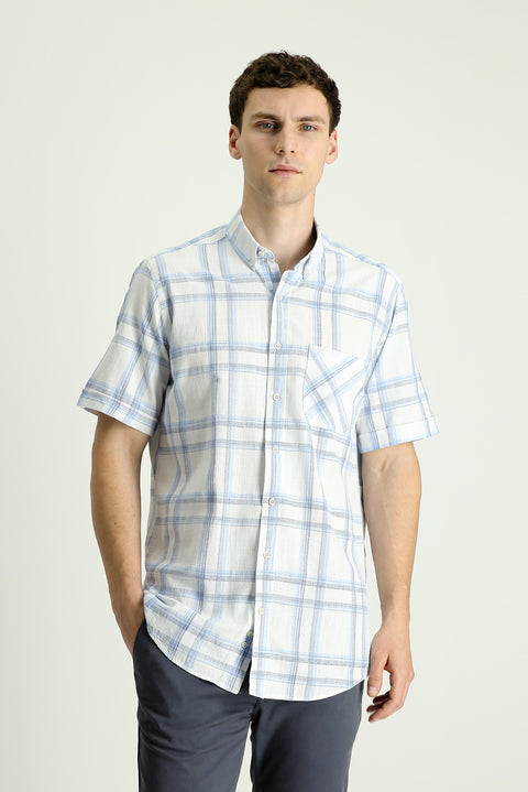 Light Blue Short Sleeve Regular Fit Plaid Cotton Sport Shirt