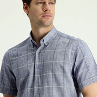 Dark Blue Short Sleeve Regular Fit Plaid Linen Blend Shirt