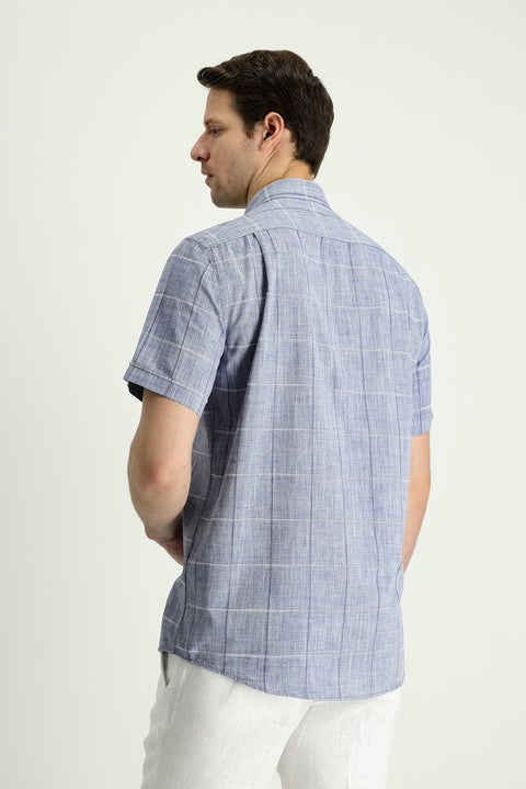 Dark Blue Short Sleeve Regular Fit Plaid Linen Blend Shirt