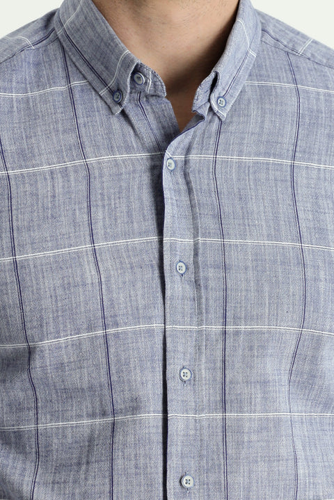 Dark Blue Short Sleeve Regular Fit Plaid Linen Blend Shirt