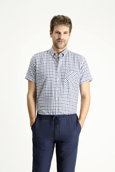 Orta Lacivert Kısa Kol Regular Fit Ekose Pamuklu Gömlek