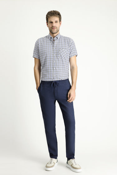 Orta Lacivert Kısa Kol Regular Fit Ekose Pamuklu Gömlek