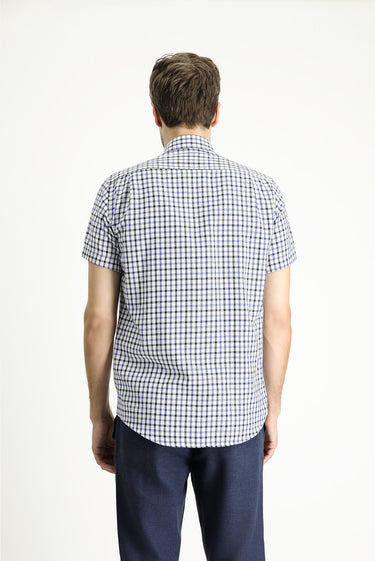 Orta Lacivert Kısa Kol Regular Fit Ekose Pamuklu Gömlek