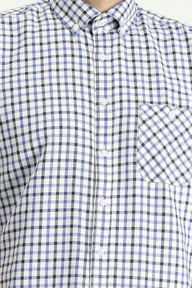 Orta Lacivert Kısa Kol Regular Fit Ekose Pamuklu Gömlek