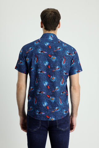 Koyu Mavi Kısa Kol Slim Fit Dar Kesim Baskılı Pamuk Gömlek