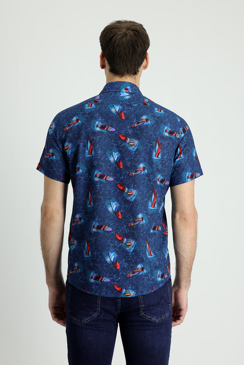Koyu Mavi Kısa Kol Slim Fit Dar Kesim Baskılı Pamuk Gömlek