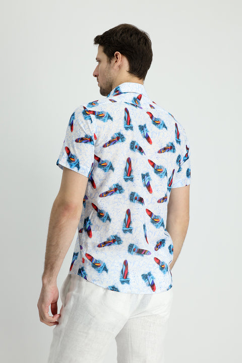Beyaz Kısa Kol Slim Fit Dar Kesim Baskılı Pamuk Gömlek
