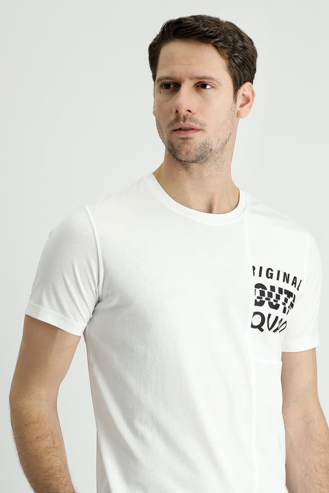 Beyaz Bisiklet Yaka Slim Fit Dar Kesim Baskılı Pamuk Tişört