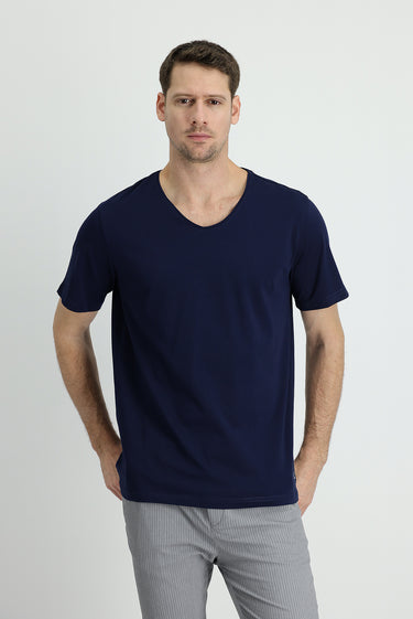 Orta Lacivert V Yaka Slim Fit Dar Kesim Nakışlı Pamuklu Süprem Tişört