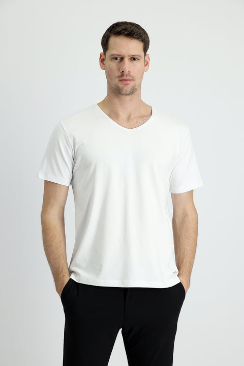 Beyaz V Yaka Slim Fit Dar Kesim Nakışlı Pamuklu Süprem Tişört