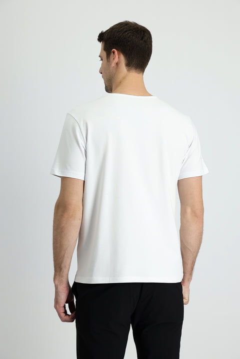 Beyaz V Yaka Slim Fit Dar Kesim Nakışlı Pamuklu Süprem Tişört