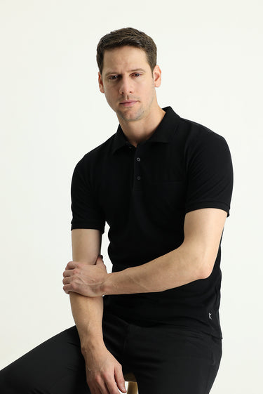 Siyah Polo Yaka Regular Fit Nakışlı Pamuk Tişört