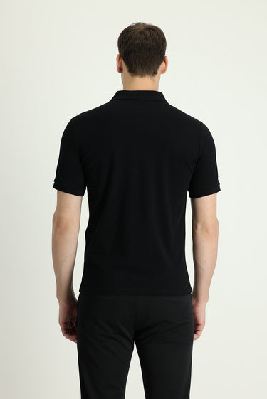 Siyah Polo Yaka Regular Fit Nakışlı Pamuk Tişört