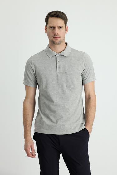 Orta Gri Melanj Polo Yaka Regular Fit Nakışlı Pamuk Tişört