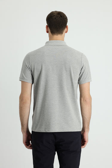 Orta Gri Melanj Polo Yaka Regular Fit Nakışlı Pamuk Tişört