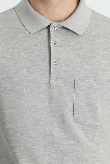 Orta Gri Melanj Polo Yaka Regular Fit Nakışlı Pamuk Tişört