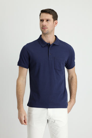 Lacivert Polo Yaka Regular Fit Nakışlı Pamuk Tişört