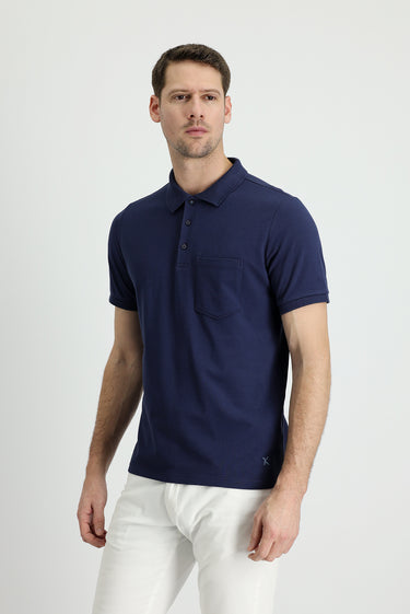 Lacivert Polo Yaka Regular Fit Nakışlı Pamuk Tişört