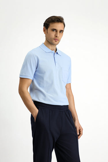 Uçuk Mavi Polo Yaka Regular Fit Nakışlı Pamuk Tişört