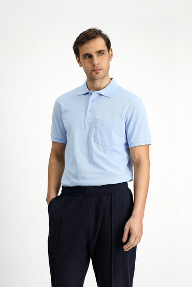 Uçuk Mavi Polo Yaka Regular Fit Nakışlı Pamuk Tişört
