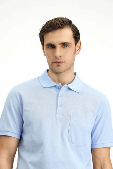 Uçuk Mavi Polo Yaka Regular Fit Nakışlı Pamuk Tişört