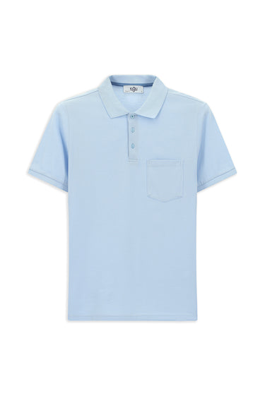 Uçuk Mavi Polo Yaka Regular Fit Nakışlı Pamuk Tişört