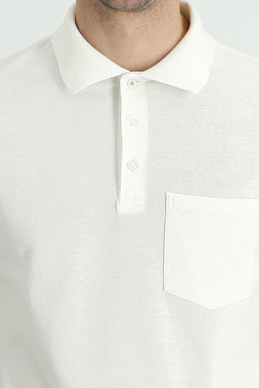 Beyaz Polo Yaka Regular Fit Nakışlı Pamuk Tişört