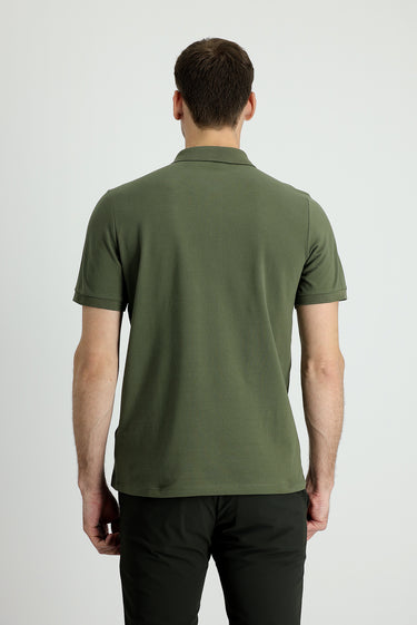 Orta Haki Polo Yaka Regular Fit Nakışlı Pamuk Tişört