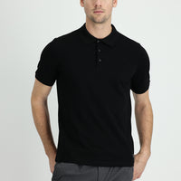 Siyah Polo Yaka Regular Fit Nakışlı Pamuk Tişört