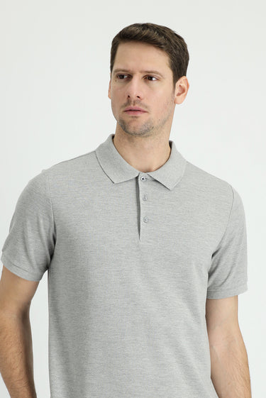 Orta Gri Melanj Polo Yaka Regular Fit Nakışlı Pamuk Tişört