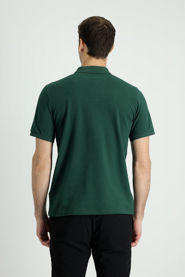 Koyu Yeşil Polo Yaka Regular Fit Nakışlı Pamuk Tişört