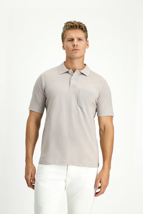 Medium Grey Polo Collar Regular Fit Pocketed Embroidered 100% Cotton T-shirt