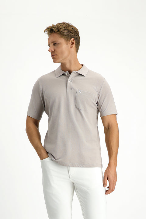 Medium Grey Polo Collar Regular Fit Pocketed Embroidered 100% Cotton T-shirt