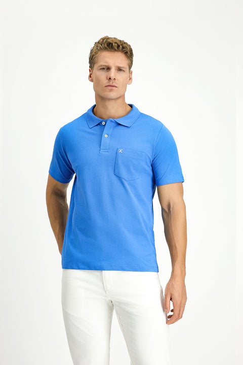Navy Blue Polo Collar Regular Fit Pocketed Embroidered 100% Cotton T-shirt