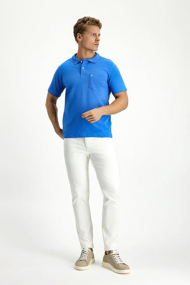 Saks Mavi Cepli Polo Yaka Regular Fit Nakışlı Pamuk Tişört