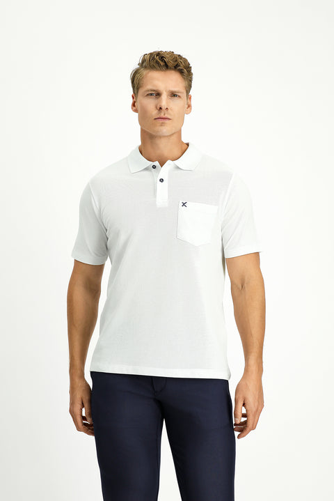 White Polo Collar Regular Fit Pocketed Embroidered 100% Cotton T-shirt