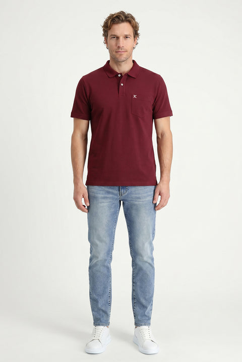 Koyu Bordo Polo Yaka Regular Fit Cepli Nakışlı %100 Pamuk Tişört
