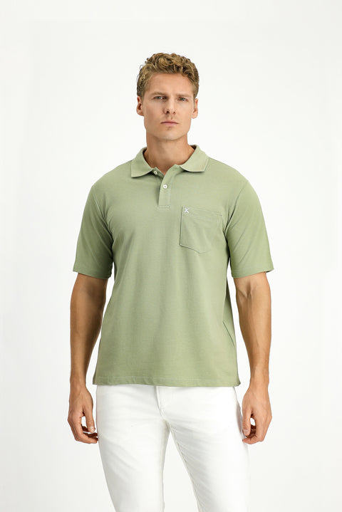 Forest Green Polo Collar Regular Fit Pocketed Embroidered 100% Cotton T-shirt