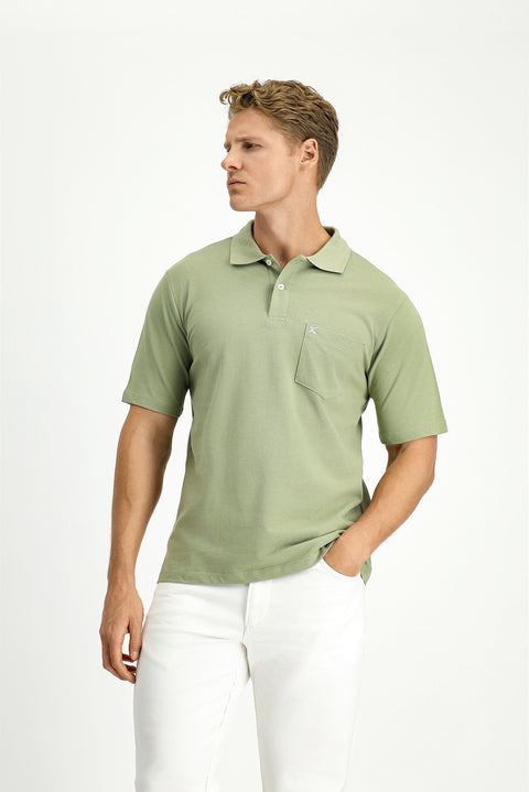 Forest Green Polo Collar Regular Fit Pocketed Embroidered 100% Cotton T-shirt
