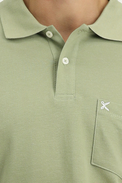 Forest Green Polo Collar Regular Fit Pocketed Embroidered 100% Cotton T-shirt