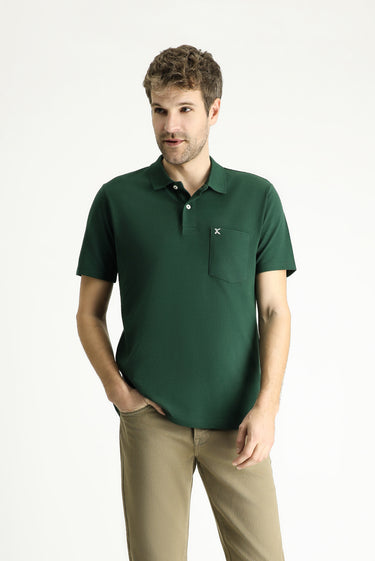 Koyu Yeşil Cepli Polo Yaka Regular Fit Nakışlı Pamuk Tişört