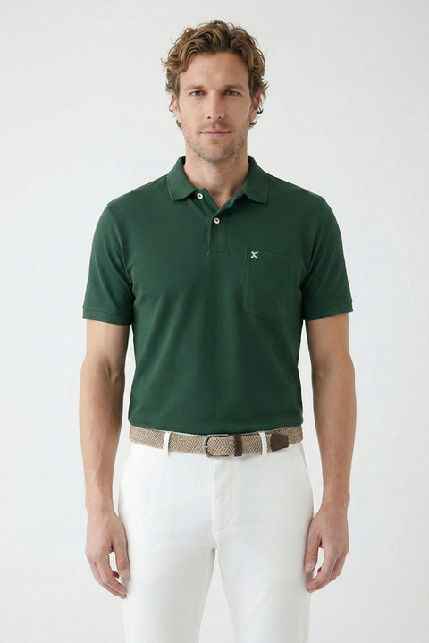 Koyu Yeşil Polo Yaka Regular Fit Cepli Nakışlı %100 Pamuk Tişört