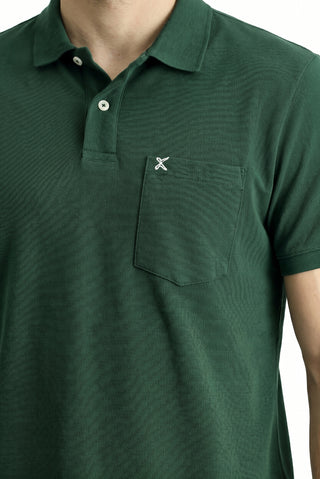 Koyu Yeşil Polo Yaka Regular Fit Cepli Nakışlı %100 Pamuk Tişört