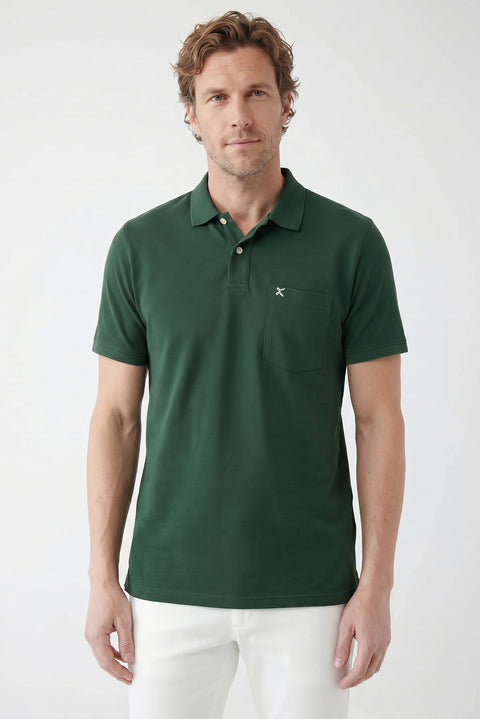 Koyu Yeşil Polo Yaka Regular Fit Cepli Nakışlı %100 Pamuk Tişört